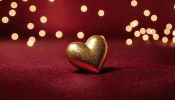 ai generato amore, cuore, celebrazione. cuore su strutturato superficie sotto, morbido messa a fuoco d'oro luci creare bokeh nel sfondo. celebrazione carta o romantico eventi invito. San Valentino giorno foto