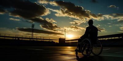 ai generato sedia a rotelle corridore a tramonto, paralimpiadi ispirazione foto