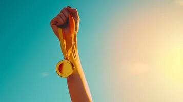 ai generato trionfante atleta raccolta oro medaglia verso il cielo foto