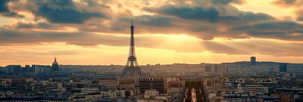 ai generato Parigi orizzonte tramonto, iconico olimpico fondale foto
