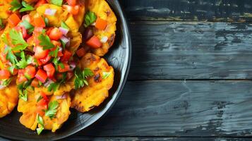 ai generato grigliato ananas fette sormontato con fresco pomodoro e rosso cipolla salsa su un' nero piatto, rustico di legno sfondo foto