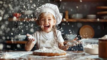 ai generato gioioso giovane bambino con un' chef cappello godendo cottura al forno, circondato di volante Farina nel un' cucina ambientazione, incarnando divertimento culinario attività con bambini foto