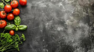 ai generato fresco pomodori e basilico le foglie su un' buio strutturato sfondo con copia spazio ingredienti concetto per italiano cucina o salutare cucinando foto