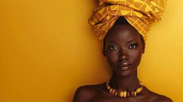 ai generato elegante africano donna con un' vivace giallo testa avvolgere e tradizionale collana in posa contro un' monocromatico sfondo, incarnando bellezza e culturale eredità foto