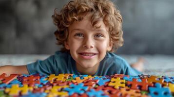 ai generato allegro caucasico ragazzo con Riccio capelli sorridente sopra colorato puzzle pezzi, concetto di infanzia giocare e sviluppo foto
