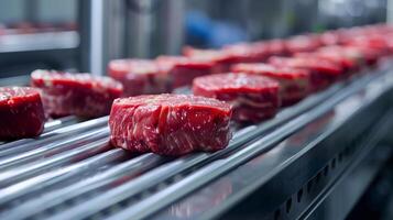 ai generato fresco crudo bistecca tagli su un' trasportatore cintura nel un' carne in lavorazione pianta, raffigurante cibo industria e carne produzione concetti foto
