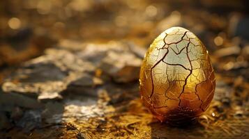 ai generato d'oro uovo con Cracked superficie su un' naturale Marrone sfondo, concetto di ricchezza e investimento, relazionato per Pasqua vacanza foto