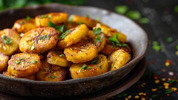 ai generato vicino su di condito arrostito patate guarnito con fresco erbe aromatiche nel un' rustico ciotola su un' buio sfondo, Perfetto per culinario temi e ricetta concetti foto