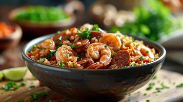 ai generato buongustaio cajun Jambalaya con gamberetto e salsiccia, guarnito con prezzemolo nel un' ciotola, un ideale rappresentazione di meridionale cucina foto