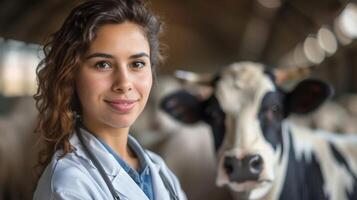 ai generato fiducioso giovane femmina veterinario con un' stetoscopio nel un' latteria azienda agricola, sorridente accanto un' Holstein mucca, che rappresentano animale assistenza sanitaria e agricoltura industria foto