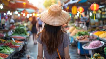 ai generato giovane asiatico donna indossare un' tradizionale conico cappello esplorando un' vivace strada mercato con colorato lanterne e fresco produrre, rappresentante di sud-est asiatico cultura foto