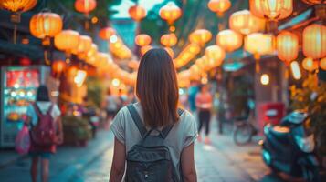 ai generato giovane asiatico donna esplorando un' vivace strada decorato con tradizionale rosso lanterne, possibilmente durante un' lanterna Festival o Cinese nuovo anno celebrazione foto