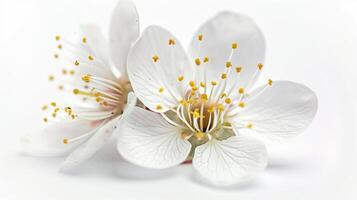 ai generato vicino su Visualizza di un' delicato prugna fiore, isolato su un' bianca sfondo foto