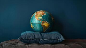 ai generato Vintage ▾ mondo globo su un' blu cuscino con un' buio blu parete sfondo, simboleggiante globale viaggio e geografia formazione scolastica foto