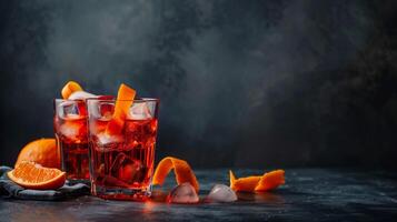 ai generato negroni cocktail ingredienti come come arancia sbucciare, Gin, Campari, e vermut artisticamente disposte contro un' scuro, lunatico sfondo con ampio vuoto spazio per testo foto