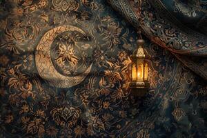 ai generato un' mezzaluna Luna simbolo preghiera perline e un' singolo illuminato lanterna adornano un' riccamente strutturato persiano tappeto segnalazione il inizio di Ramadan foto