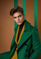 ai generato elegante giovane caucasico maschio modello nel un' verde pisello cappotto al di sopra di un' giallo maglione in posa con fiducia, Perfetto per moda e st patricks giorno temi foto