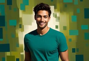 ai generato sorridente giovane adulto maschio con abbronzatura pelle indossare un' verde t camicia contro un' moderno geometrico sfondo, suggestivo di estate vibrazioni e gioventù stile di vita foto