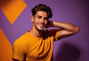 ai generato bello giovane uomo con un' affascinante Sorridi, in posa nel un' casuale giallo t camicia contro un' viola sfondo, ideale per moda e stile di vita soddisfare foto