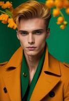 ai generato bello giovane uomo con styled biondo capelli in posa nel un' alla moda arancia trincea cappotto contro un' verde sfondo con giallo fiori, evocando primavera moda tendenze foto