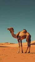 ai generato un' cammello sta nel il deserto paesaggio sotto il vasto cielo foto