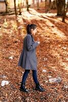 giovane donna con un' boccale passeggiate attraverso il caduto le foglie nel il parco. lato Visualizza foto