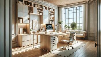 ai generato un' luminosa e elegante casa ufficio nel un' contemporaneo stile. il ufficio Caratteristiche un' di grandi dimensioni, elegante scrivania nel un' leggero legna finire foto