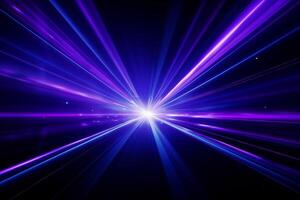 ai generato blu e viola travi di luminosa laser leggero splendente su nero sfondo foto