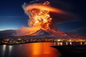 ai generato un' vulcano nel Islanda vicino il cittadina di grindavik scoppia, persone siamo evacuato foto