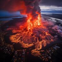 ai generato un' vulcano nel Islanda vicino il cittadina di grindavik scoppia, lava fluente su il cittadina foto