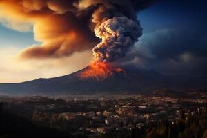 ai generato panoramica di il etna vulcano durante il eruzione foto