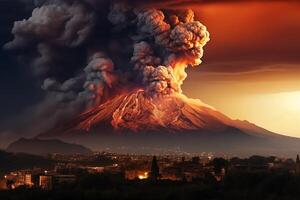 ai generato panoramica di il etna vulcano durante il eruzione foto