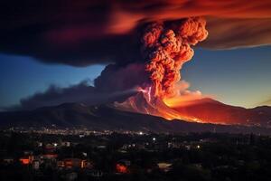 ai generato panoramica di il etna vulcano durante il eruzione foto