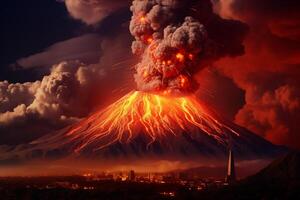 ai generato panoramica di il etna vulcano durante il eruzione foto