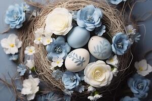 ai generato Pasqua uova con dolci e fiori su beige. contento Pasqua concetto. bianca e blu uova e carino nido con caramella foto