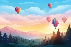 ai generato illustrare un' sfondo raffigurante un Pasqua alba scena con colorato a forma di uovo caldo aria palloncini galleggiante nel il cielo foto