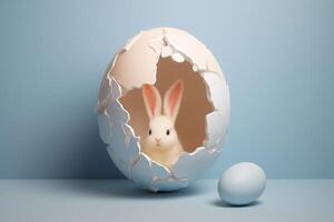 ai generato minimo creativo pastello Pasqua concetto, dipinto pastello, metà Cracked uovo con poco bianca coniglio dentro. un' simbolo di primavera vacanze foto