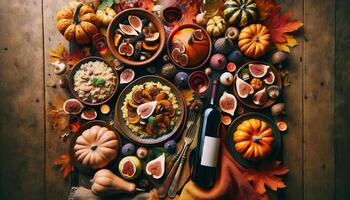 ai generato dall'alto al basso Visualizza di un autunno raccogliere cena, con arrostito zucca, fungo risotto, al forno Mela cotogna, fichi, e rosso vino, con autunnale decorazioni foto