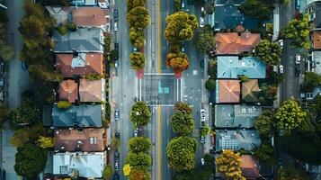 ai generato aereo Visualizza di un' strada con case, alberi, e edifici foto