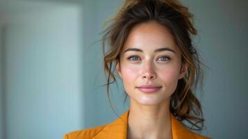 ai generato donna nel arancia camicia sorridente foto