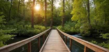 ai generato di legno ponte nel il foresta, bellissimo estate ponte e lago nel naturale di legno sentiero panorama Immagine foto