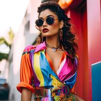 ai generato attraente donna con bicchieri indossare un' colorato attrezzatura riflettendo anni 80 moda. generativo ai foto