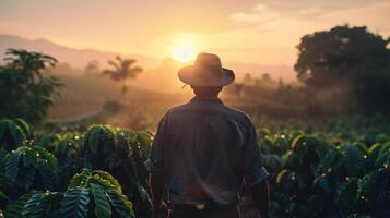 ai generato uomo con a piedi attraverso caffè campo a Alba. contadino, cappello, tramonto, sole, azienda agricola, natura, sfondo, opera, campagna, verde, paesaggio, le persone, persona, piantagione, agricoltura foto