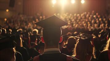 ai generato Università la laurea celebrazione. parte posteriore, Indietro, Università, laureato, alunno, berretto, formazione scolastica, accademico, cappello, gruppo, le persone, persona, successo, scuola, risultato, grado foto