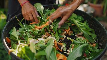 ai generato persona mani compostaggio cibo rifiuto a concime bidone nel Giardino dietro la casa. giardino, organico, raccolta differenziata, verde, naturale, ecologia, giardinaggio, agricoltura, bio, ambientale, eco, marcio, mucchio foto