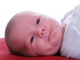 giovane neonato infantile ragazza su rosso cuscino foto