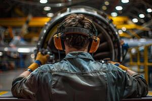 ai generato Visualizza a partire dal il indietro di aereo Manutenzione tecnico Lavorando su turbina foto