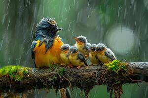 ai generato colorato uccello madre e figli maschi sotto il pioggia foto