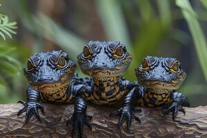 ai generato coccodrillo bambino gruppo di animali sospeso su su un' ramo, carino, sorridente, adorabile foto