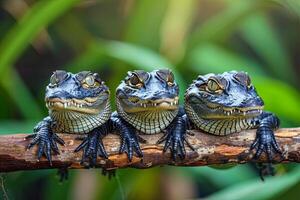 ai generato coccodrillo bambino gruppo di animali sospeso su su un' ramo, carino, sorridente, adorabile foto